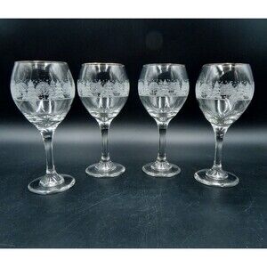Libbey Arbys Christmas White Frosted Pine Tree Wine Glasses Goblets Gold Rim S/4